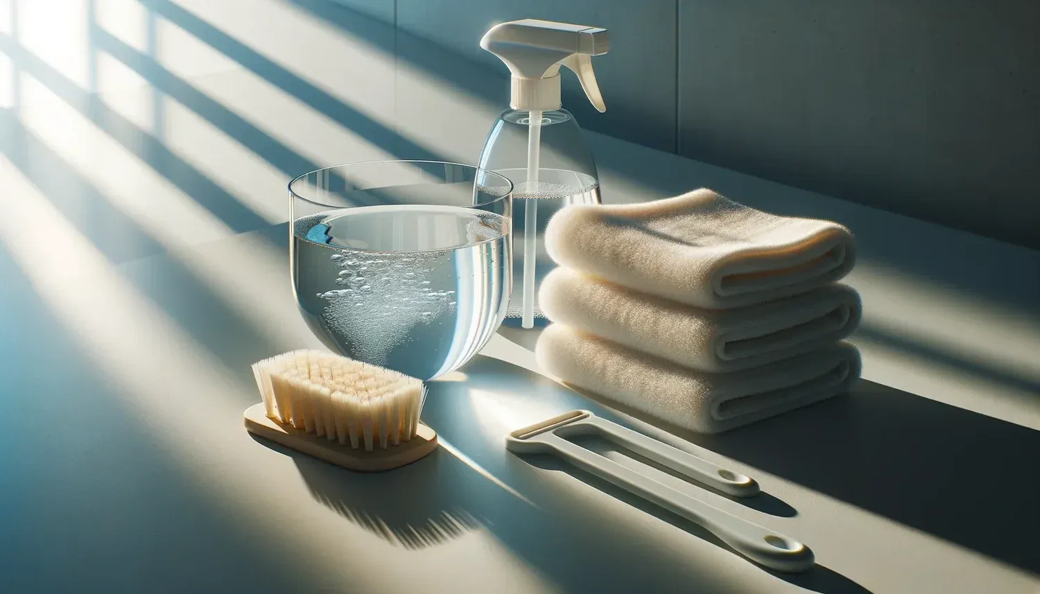 Folded towels, a scrub brush and a spray bottle on a sunlit counter